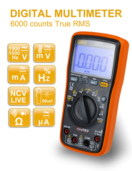 ZIBOO 17B PRO True RMS Digital Multimeter ,for Electrical Applications, Measures AC/DC Voltage and Current Measurements up to 1000V and 10A, Along with Resistance, Continuity, Diode, and Capacitance Capabilities ,use for FLUKE
