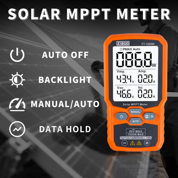 ZIBOO Solar Panel Tester MPPT Meter - 1000W Max Power, 80V/35A PV Module Tester for Voc/Isc, Open Circuit Voltage & Short Circuit Current, with Backlight & Data Hold  FT-1000W