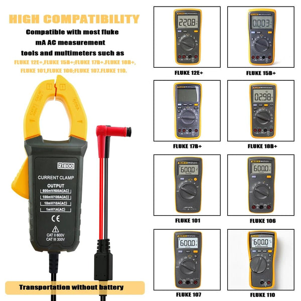 ZIBOO i600E 600 Ampere Wechselstromzange, 4 mm Bananenstecker für Multimeter/mV Wechselstrom-Messwerkzeuge, perfekter Ersatz für Fluke i400