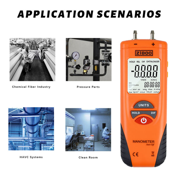 ZIBOO ET1013 Digital Manometer, Air and Gas Pressure Tester, Differential Dual Port Pressure Gauge, Large LCD Display with Backlight ,HVAC Gas Pressure Tester