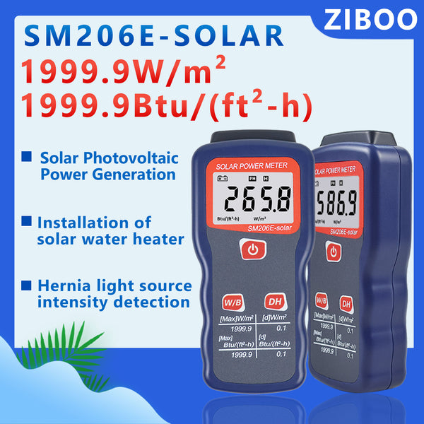 ZIBOO SM206E-Solar Solar Power Meter Light Meter Solar Radiation Tester Optical Solar Research Glass Light Intensity Data Peak Hold