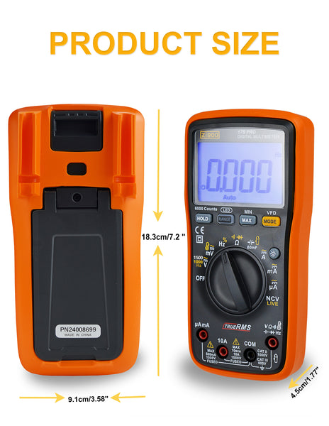 ZIBOO 17B PRO True RMS Digital Multimeter ,for Electrical Applications, Measures AC/DC Voltage and Current Measurements up to 1000V and 10A, Along with Resistance, Continuity, Diode, and Capacitance Capabilities ,use for FLUKE