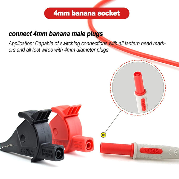 ZIBOO C04A Vollisolierte, sichere Krokodilklemmen, 2 Stück (schwarz + rot) für 4-mm-Messleitungsverlängerungen, verwendbar für Messleitungsverlängerungen TL221, TL222, TL224, TL726, 9750-12, L2200, L9844 usw.