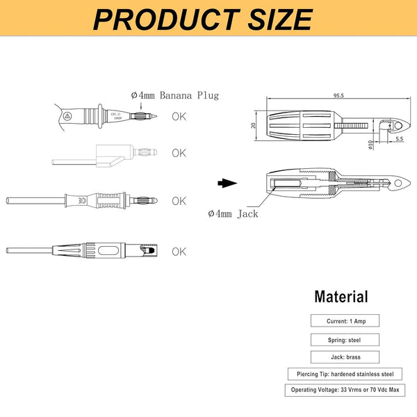 ZIBOO TP81 Insulation Piercing Clip Set, Banana Plug Connections,Wire Piercing, Multimeter Voltmeter Testing,Use for Fluke TL221 TL222 TL224