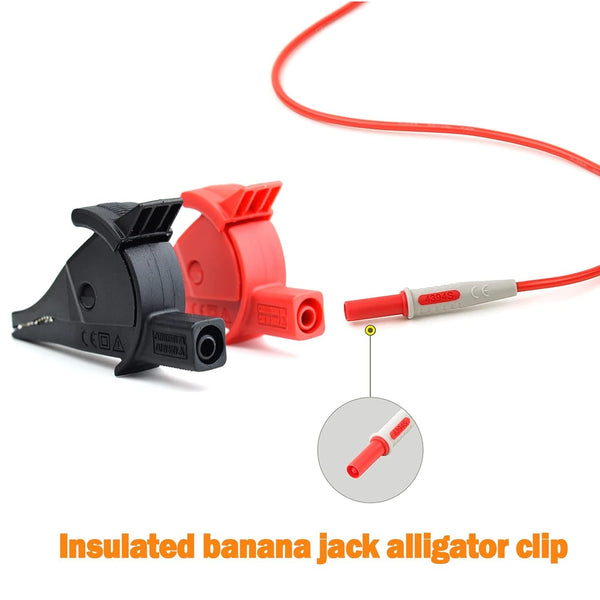 ZIBOO C02A Vollisolierte, sichere Krokodilklemmen, 2 Stück (schwarz + rot) für 4-mm-Messleitungsverlängerungen, verwendbar für Messleitungsverlängerungen TL221, TL222, TL224, TL726, 9750-12, L2200, L9844 usw.