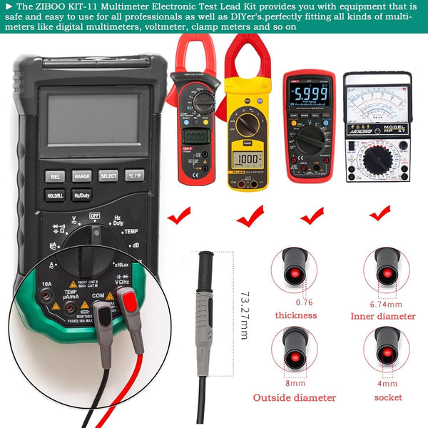 ZIBOO KIT-11 Multimeter-Messleitungssatz mit 3-Fächer-Tasche, Krokodilklemmen und Kolbentest-Minihaken, Prüfspitzen 1000 V 10 A CAT III und CAT IV 600 V für Multimeter, Voltmeter, Stromzange
