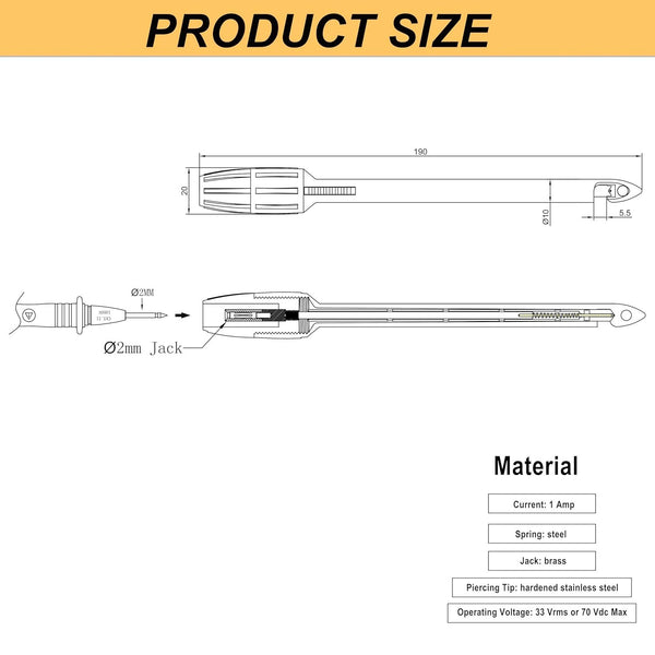 ZIBOO TP82-L Insulation Piercing Clip Set 2 mm Probes Connections,Wire Piercing Use for Fluke TL71 TL75 TL175