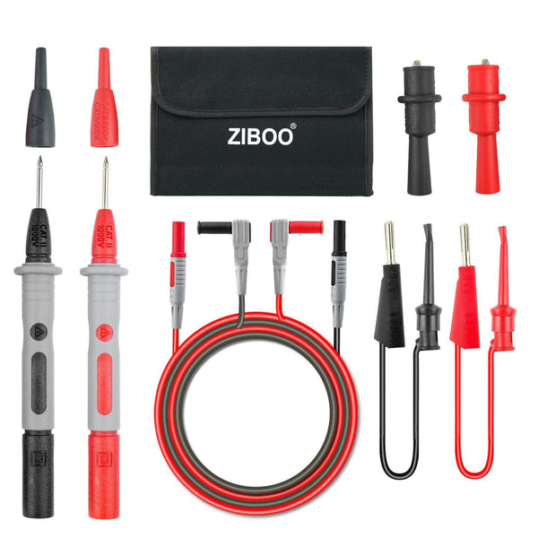 ZIBOO KIT-11 Multimeter-Messleitungssatz mit 3-Fächer-Tasche, Krokodilklemmen und Kolbentest-Minihaken, Prüfspitzen 1000 V 10 A CAT III und CAT IV 600 V für Multimeter, Voltmeter, Stromzange