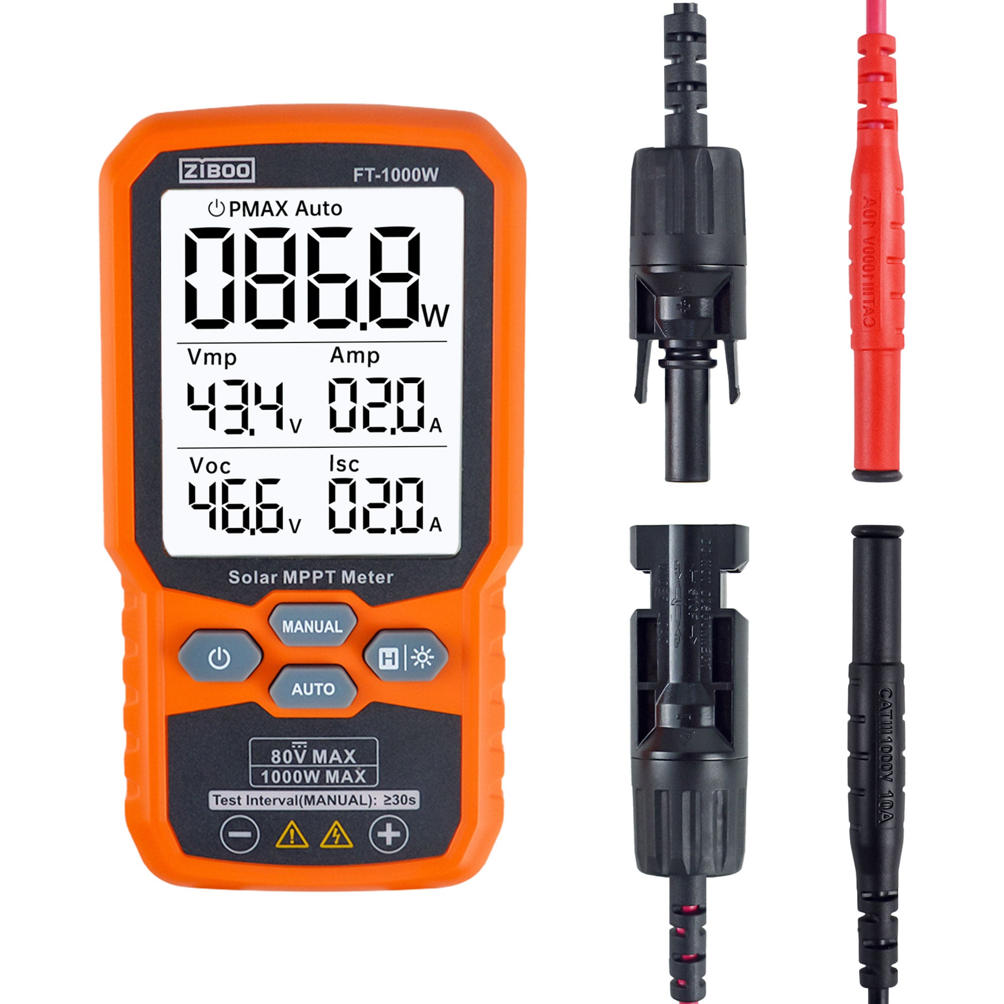 ZIBOO Solarpanel-Tester MPPT-Messgerät – 1000 W maximale Leistung, 80 V/35 A PV-Modultester für Voc/Isc, Leerlaufspannung und Kurzschlussstrom, mit Hintergrundbeleuchtung und Datenspeicherung FT-1000W