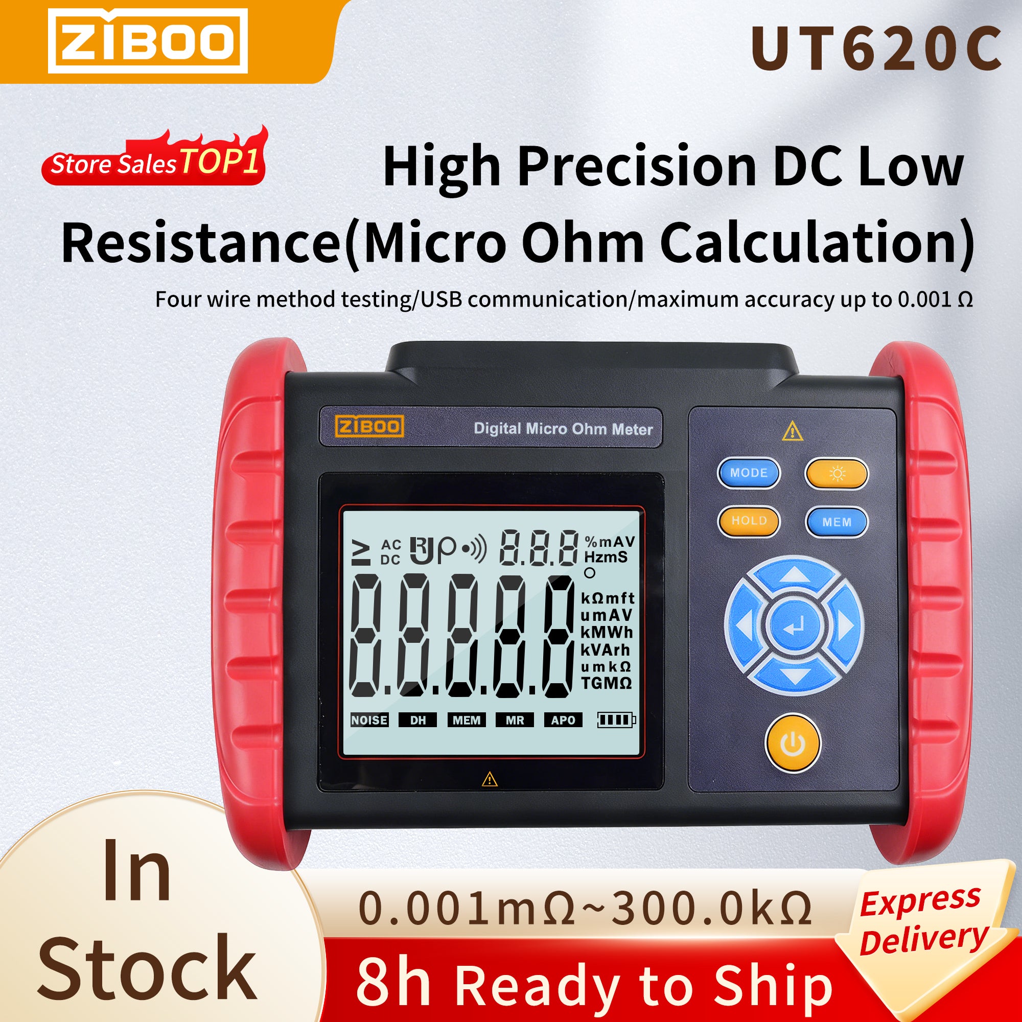 ZIBOO UT620C Digital Micro Ohm Meter ,DC Low Resistance Meter 0.001mΩ～300.0KΩ Megohmmeter Tester Tool Data Storage