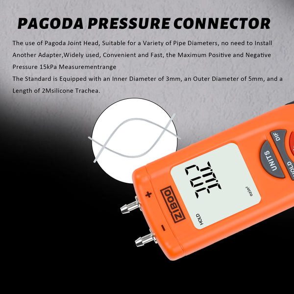 ZIBOO ET1013 Digitales Manometer, Luft- und Gasdruckprüfer, Differenzdruckmessgerät mit zwei Anschlüssen, großes LCD-Display mit Hintergrundbeleuchtung, HVAC-Gasdruckprüfer
