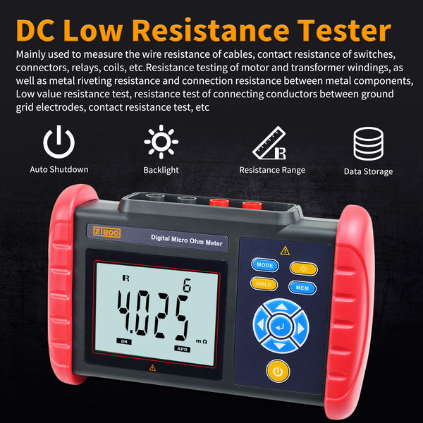 ZIBOO UT620C Digital Micro Ohm Meter ,DC Low Resistance Meter 0.001mΩ～300.0KΩ Megohmmeter Tester Tool Data Storage