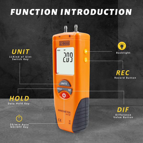 ZIBOO ET1013 Digitales Manometer, Luft- und Gasdruckprüfer, Differenzdruckmessgerät mit zwei Anschlüssen, großes LCD-Display mit Hintergrundbeleuchtung, HVAC-Gasdruckprüfer