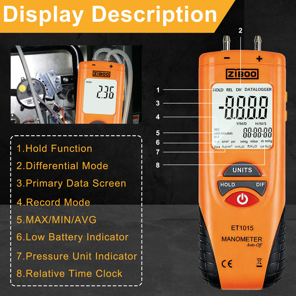 ZIBOO ET1015 Digital Manometer, Dual Port Differential Pressure Gauge, ±100 PSI Air and Gas Pressure Tester, Differential Dual Port Pressure Gauge, Large LCD Display with Backlight,HVAC Gas Pressure Tester