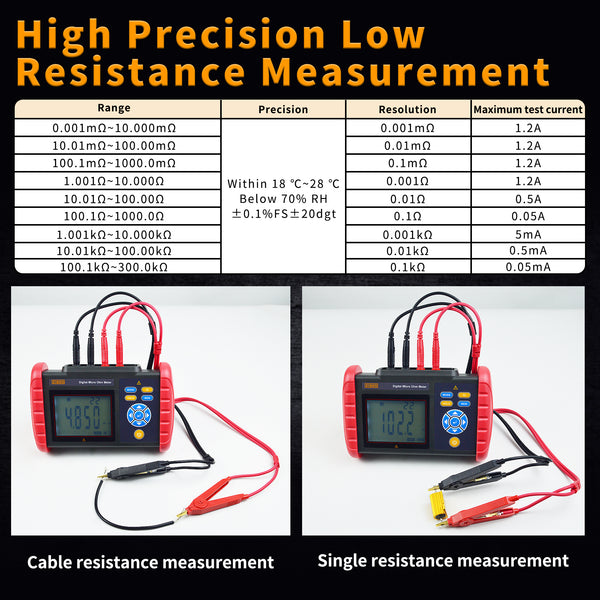 ZIBOO UT620C Digital Micro Ohm Meter ,DC Low Resistance Meter 0.001mΩ～300.0KΩ Megohmmeter Tester Tool Data Storage