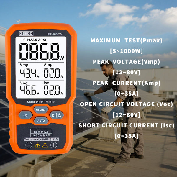 ZIBOO Solarpanel-Tester MPPT-Messgerät – 1000 W maximale Leistung, 80 V/35 A PV-Modultester für Voc/Isc, Leerlaufspannung und Kurzschlussstrom, mit Hintergrundbeleuchtung und Datenspeicherung FT-1000W