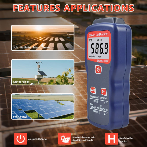 ZIBOO SM206E-Solar Solarstrommessgerät Lichtmessgerät Solarstrahlungstester Optische Solarforschung Glas Lichtintensitätsdaten Peak Hold