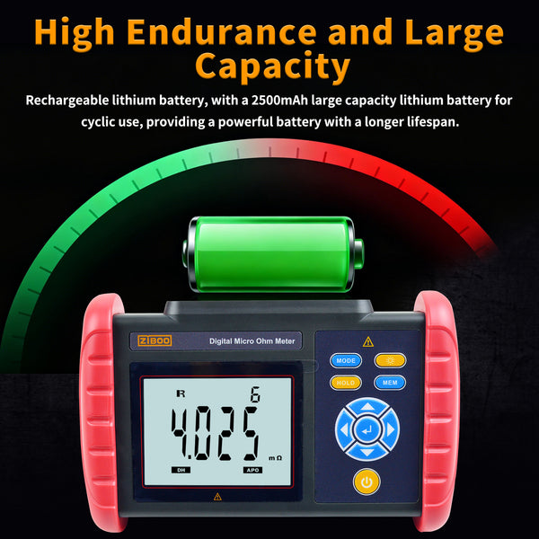 ZIBOO UT620C Digital Micro Ohm Meter ,DC Low Resistance Meter 0.001mΩ～300.0KΩ Megohmmeter Tester Tool Data Storage