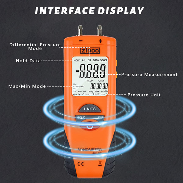 ZIBOO ET1013 Digitales Manometer, Luft- und Gasdruckprüfer, Differenzdruckmessgerät mit zwei Anschlüssen, großes LCD-Display mit Hintergrundbeleuchtung, HVAC-Gasdruckprüfer