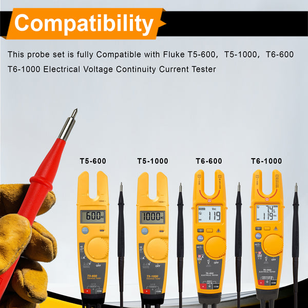 ZIBOO TP4 Slim Reach Test Probe Set with Stainless Steel Tip, 1000V Voltage, 10A Current, 4mm Tip Diameter ,Compatible with Fluke T5-1000 T5-600 T6-1000 T6-600 Electrical Voltage Continuity Current Tester