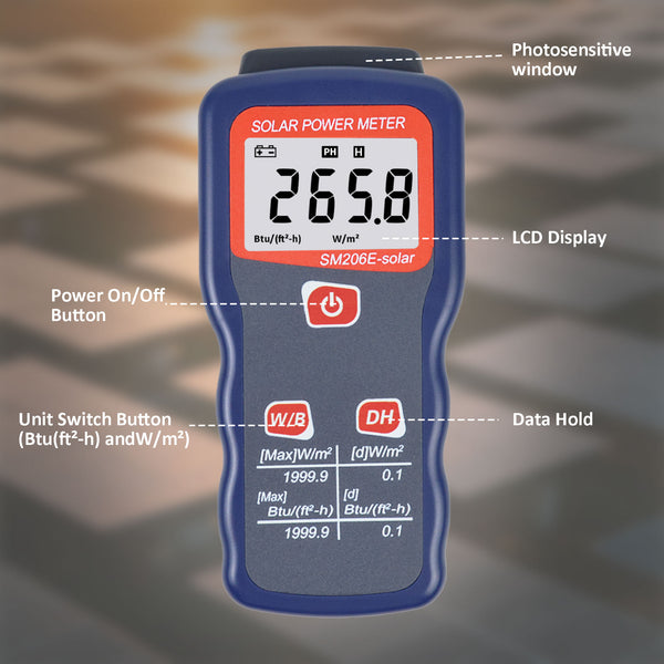 ZIBOO SM206E-Solar Solarstrommessgerät Lichtmessgerät Solarstrahlungstester Optische Solarforschung Glas Lichtintensitätsdaten Peak Hold