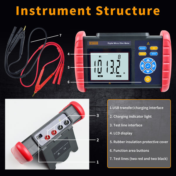 ZIBOO UT620C Digital Micro Ohm Meter ,DC Low Resistance Meter 0.001mΩ～300.0KΩ Megohmmeter Tester Tool Data Storage