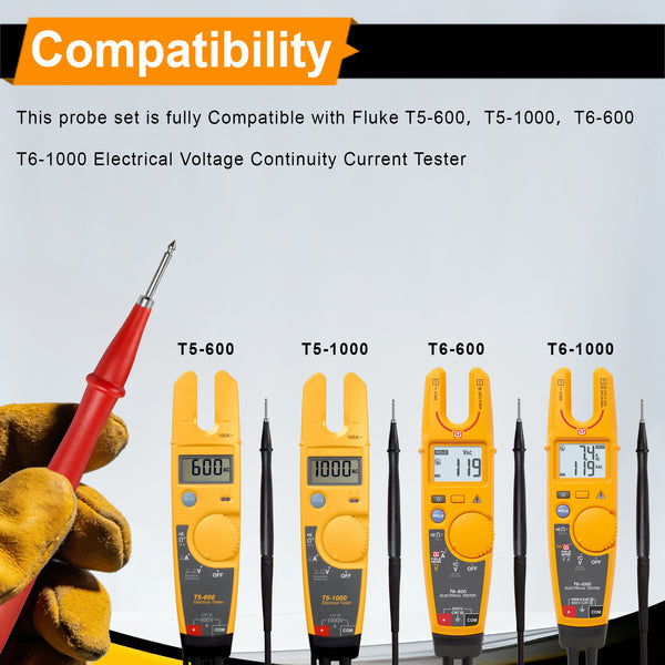 ZIBOO TP2 Slim-Reach Test Probe Set with Stainless Steel Tip, 1000V Voltage, 10A Current, 2mm Tip Diameter,Compatible with Fluke T5-1000 T5-600 T6-1000 T6-600 Electrical Voltage Continuity Current Tester