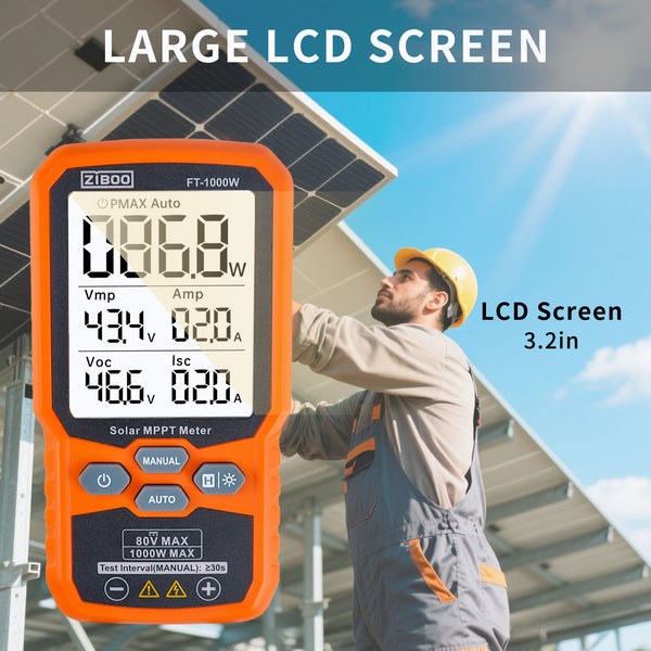 ZIBOO Solarpanel-Tester MPPT-Messgerät – 1000 W maximale Leistung, 80 V/35 A PV-Modultester für Voc/Isc, Leerlaufspannung und Kurzschlussstrom, mit Hintergrundbeleuchtung und Datenspeicherung FT-1000W