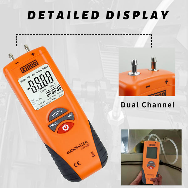 ZIBOO ET1013 Digitales Manometer, Luft- und Gasdruckprüfer, Differenzdruckmessgerät mit zwei Anschlüssen, großes LCD-Display mit Hintergrundbeleuchtung, HVAC-Gasdruckprüfer