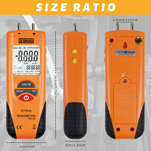 ZIBOO ET1015 Digital Manometer, Dual Port Differential Pressure Gauge, ±100 PSI Air and Gas Pressure Tester, Differential Dual Port Pressure Gauge, Large LCD Display with Backlight,HVAC Gas Pressure Tester
