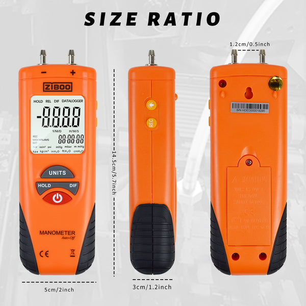 ZIBOO ET1013 Digitales Manometer, Luft- und Gasdruckprüfer, Differenzdruckmessgerät mit zwei Anschlüssen, großes LCD-Display mit Hintergrundbeleuchtung, HVAC-Gasdruckprüfer