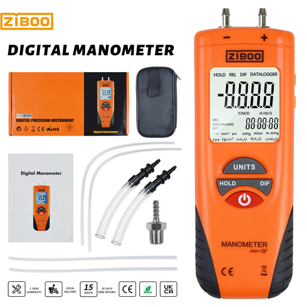 ZIBOO ET1013 Digitales Manometer, Luft- und Gasdruckprüfer, Differenzdruckmessgerät mit zwei Anschlüssen, großes LCD-Display mit Hintergrundbeleuchtung, HVAC-Gasdruckprüfer