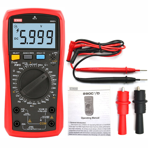 ZIBOO 890D+ 6000-count true RMS digital multimeters are designed with large LCD display.