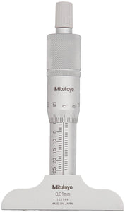 Mitutoyo 128-101 Vernier Depth Gauge, Micrometer Type, 0-25mm Range, 0.01mm