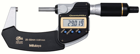 Mitutoyo 293-141 QuantuMike Coolant Proof LCD Micrometer, IP65, Ratchet Thimble