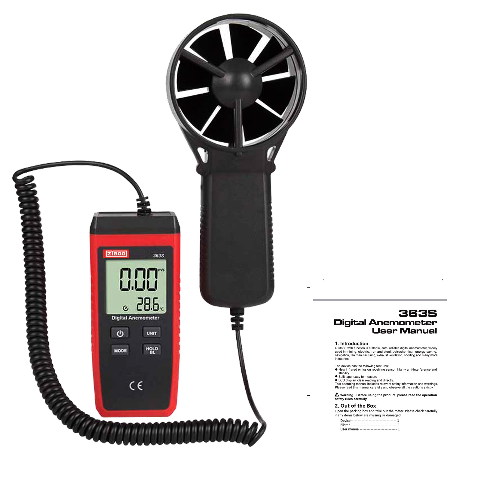 ZIBOO ZB-363S Digital Anemometer Wind Speed Measuring 30m/s LCD Backlight